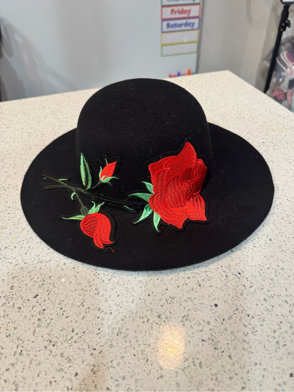 Lulu's Black Wide-Brim Felt Hat with Red Rose Appliqué